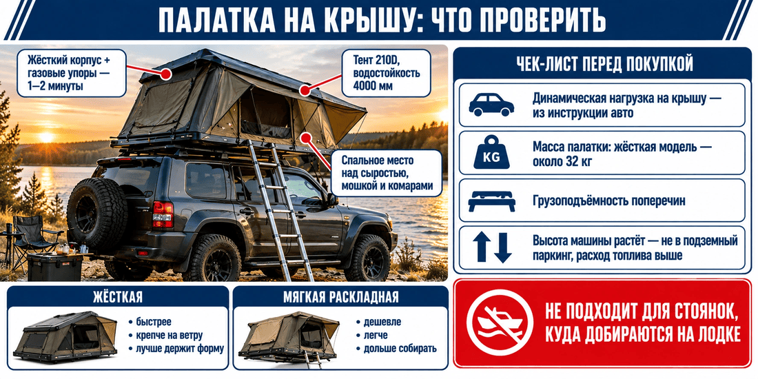 Палатка на крыше автомобиля на берегу реки во время летней рыбалки
