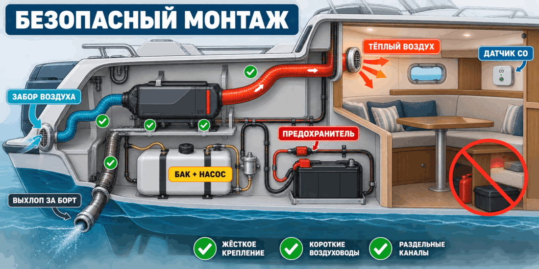 Безопасная схема монтажа автономного отопителя на катере с выхлопом за борт и отдельным забором воздуха