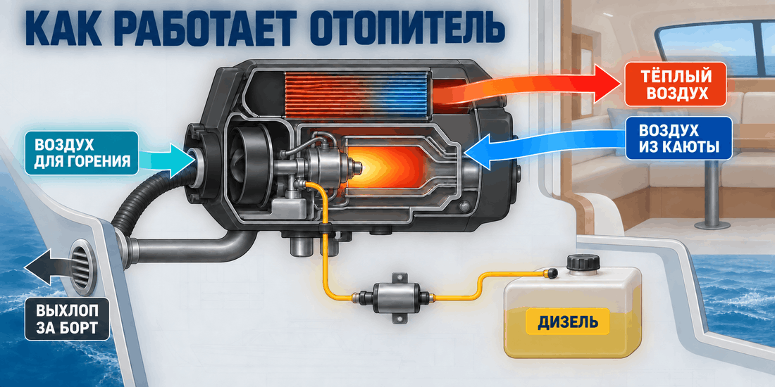 Схема работы дизельного воздушного отопителя на лодке с раздельными контурами воздуха и выхлопа