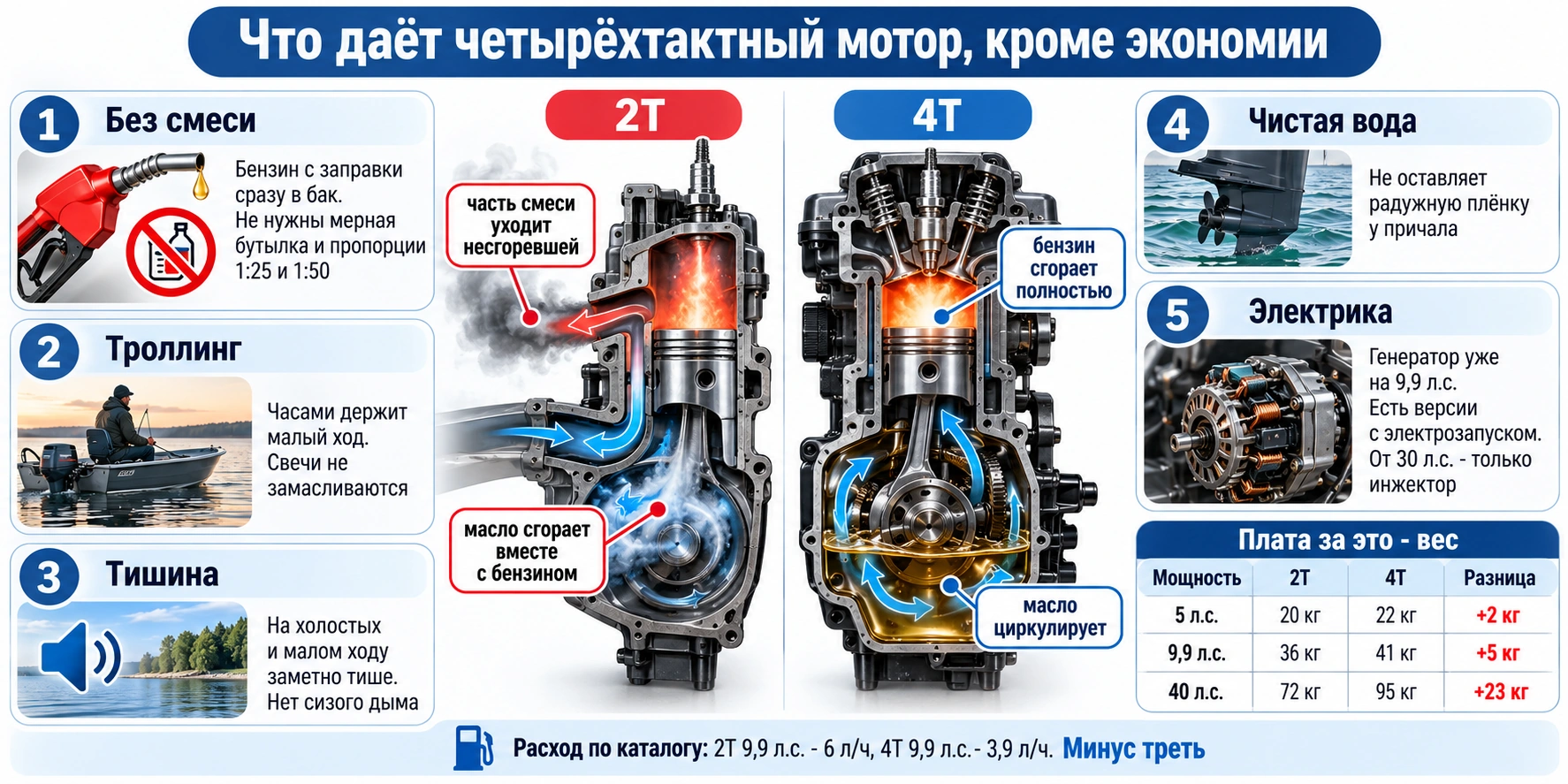 Плюсы четырёхтактного лодочного мотора: расход, троллинг, тишина, работа без топливной смеси